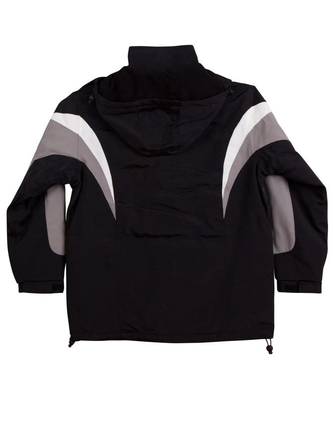 A tri-colour jacket with a hood in black and grey tones, featuring a logo on the back.