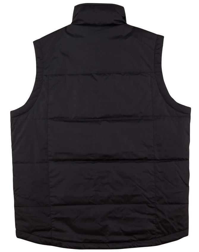 A black nylon rip-stop padded vest with a high collar and quilted design, featuring a logo.