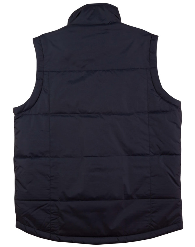 A dark navy padded vest with a collar and quilted design, featuring a visible logo on the backside.