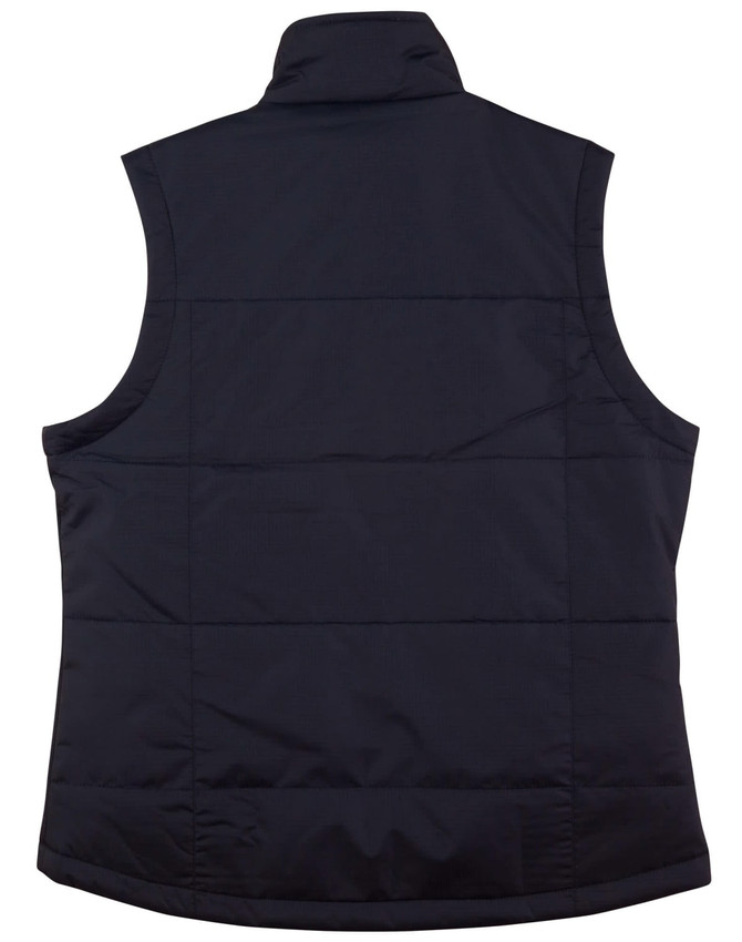 A navy blue ladies' padded vest featuring a rip-stop design and a back view, with a logo on the fabric.