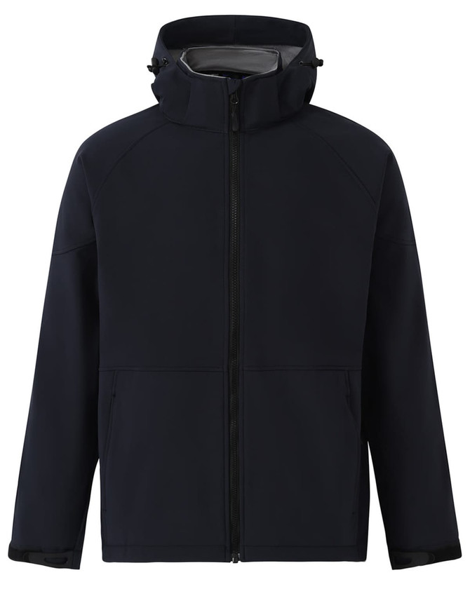 Men's softshell full zip hoodie in dark navy with a contrasting grey inner lining and a logo on the chest.