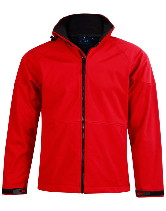 A red men's softshell full zip hoodie with a black collar and cuffs. It features a logo on the chest.