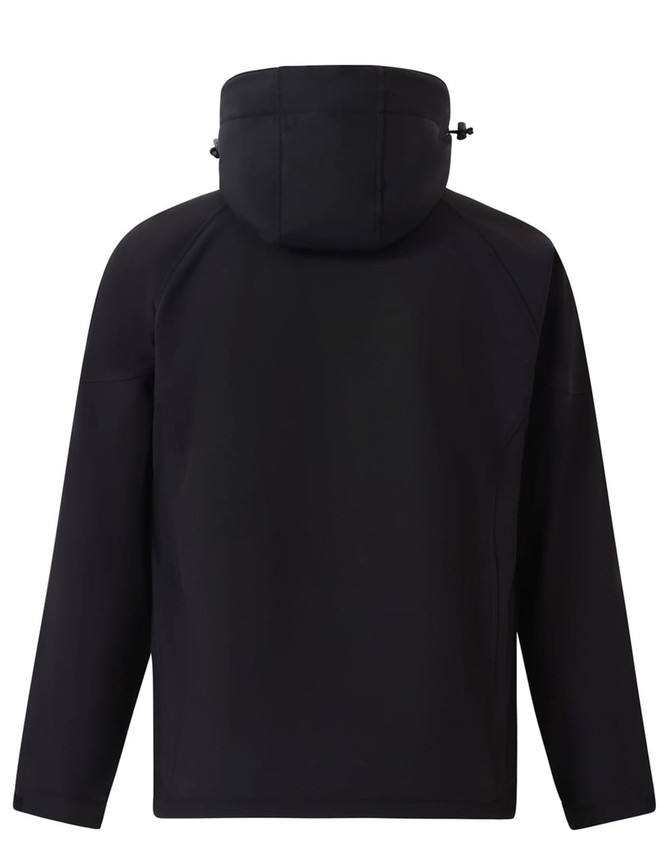 A black men's softshell full zip hoodie featuring a hood and a sleek design. Includes a logo.