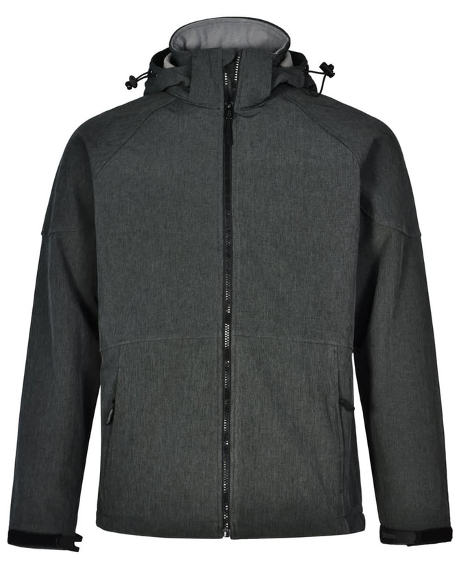 A softshell full zip hoodie in dark grey, featuring a hood and zippered pockets, with a logo on the chest.
