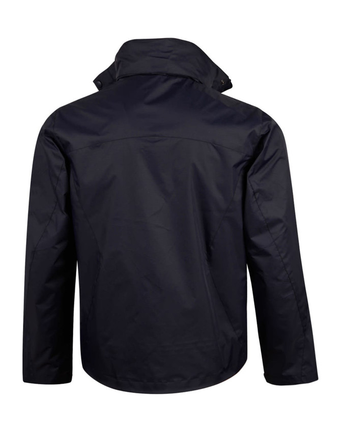 A black men's versatile jacket with a high collar and zip fastening, featuring a logo on the back.