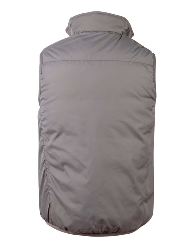 A grey versatile vest with a high collar and a padded design, featuring a logo on the back.