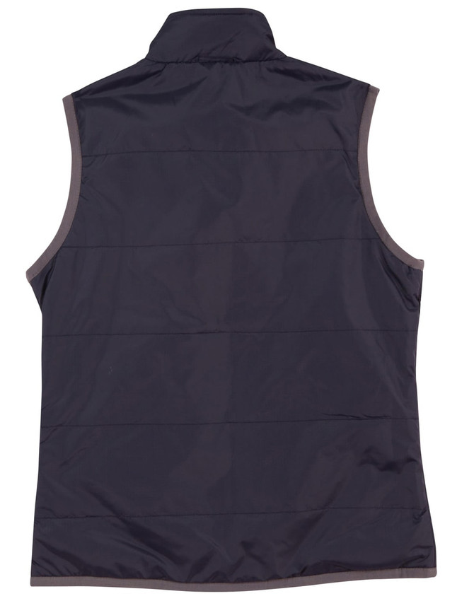 A dark navy sleeveless vest featuring a smooth finish and seam detailing. Contains a logo.