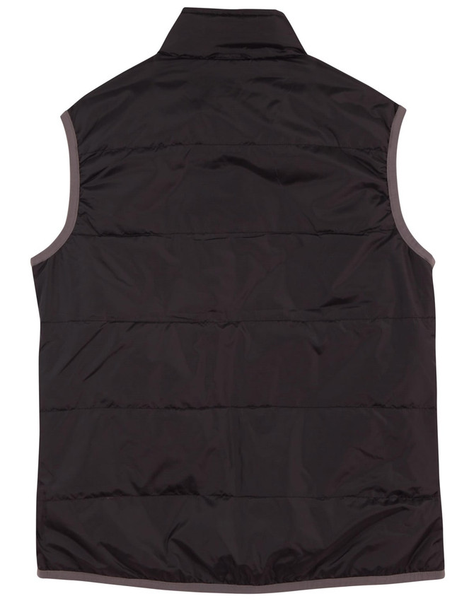 A black ladies' vest with a sleeveless design and a standard collar, featuring a branding logo.