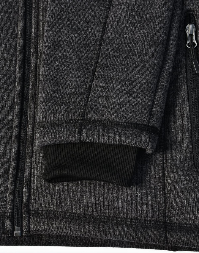 A men's heather bonded fleece jacket in dark grey, featuring a zippered front and ribbed cuffs.