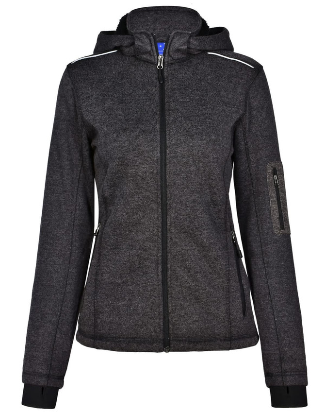 A ladies' fleece jacket in heather grey with a hood, featuring zippered pockets and a logo.