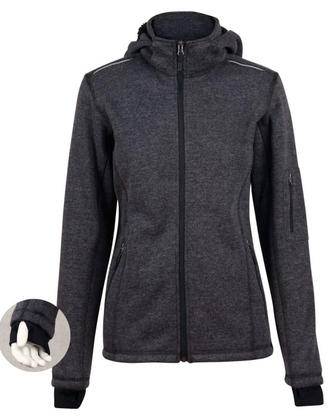 A ladies' polar fleece jacket in dark grey with a hood, featuring a zip closure and pockets. It has a logo on the sleeve.