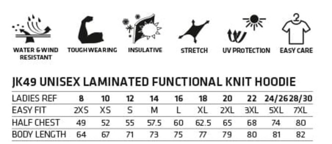 A laminated functional knit hoodie in various sizes, featuring a logo, with attributes like water resistance and UV protection.