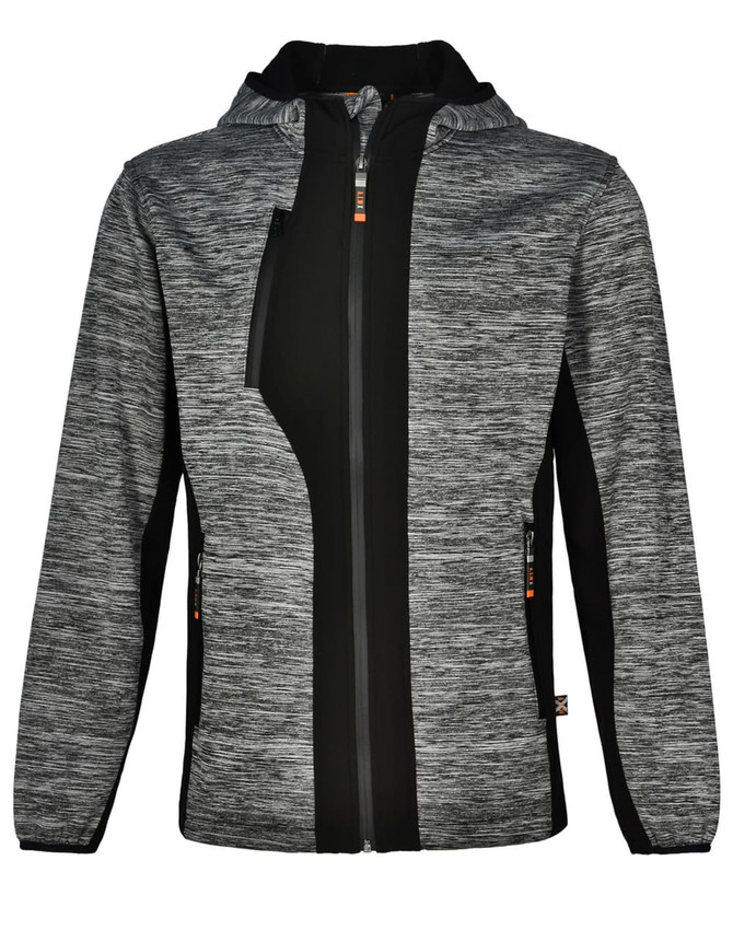 A grey and black workwear jacket with a hood, featuring a zip closure and side pockets. It has a logo on it.