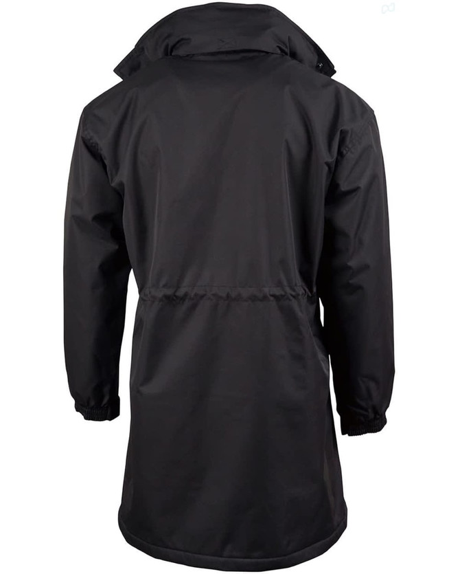 A black long line stadium jacket featuring a drawstring waist and elastic cuffs. It has a logo on the back.
