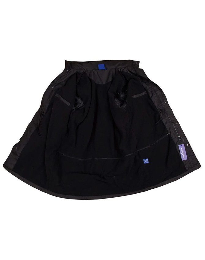 A long line stadium jacket in black, featuring a lined interior and pockets, with a branding tag visible.