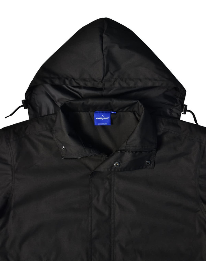 A black Long Line Stadium Jacket featuring a hood, with a collar and a branded label in the neck area.