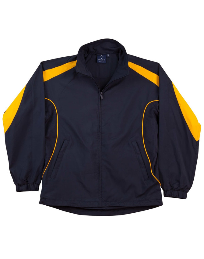 A black and yellow track jacket featuring a zip closure and elastic cuffs. It includes a logo on the upper area.