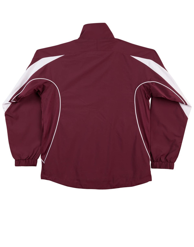 A maroon track jacket with white accent detailing and elasticised cuffs. Features a logo on one side.