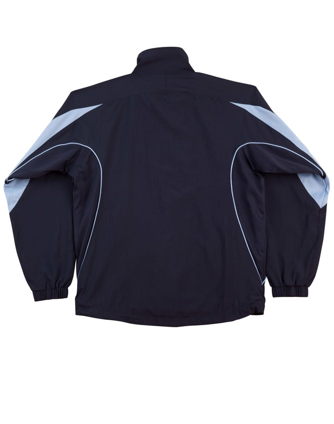 A track jacket in navy blue with light blue accents and a logo. Features a full zip and elastic cuffs.