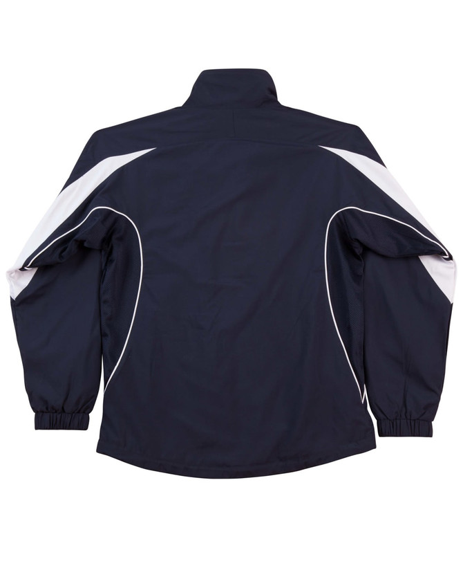 A track jacket in navy blue with white accents, featuring a high collar and elastic cuffs. It has a logo on it.