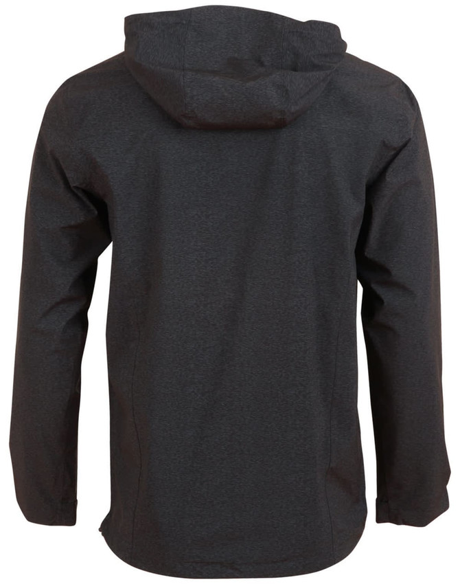 A dark grey men's waterproof performance jacket with a hood, featuring a logo on the back.