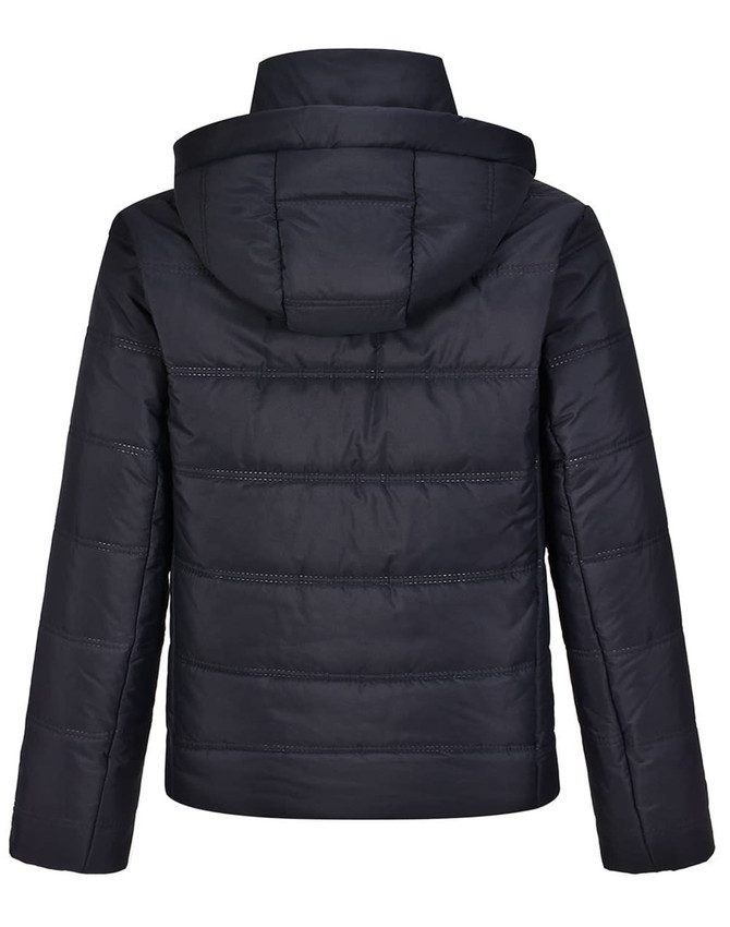 A black unisex sustainable seamless parka jacket featuring a hood and padded design, with a subtle logo.