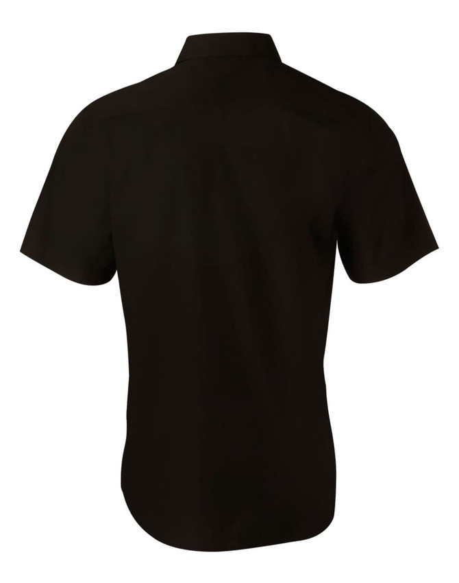 A black short sleeve shirt with a button-up design, featuring a hidden logo.