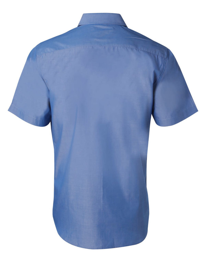 A blue short sleeve button-up shirt with a simple design and a logo on the back.