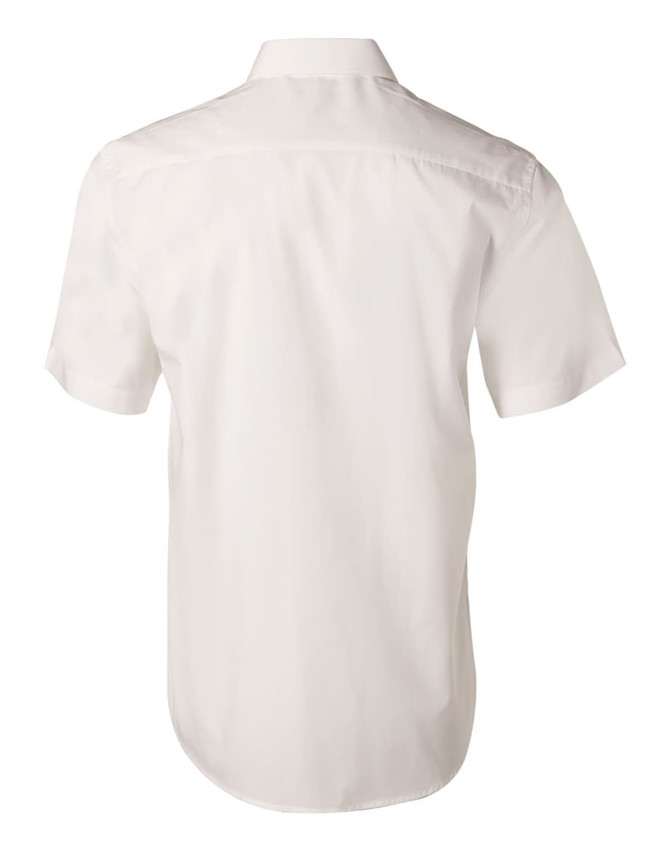 A short sleeve button-up shirt in white, featuring a back yoke and a logo.