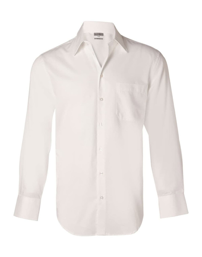 A white long sleeve button-up shirt with a front pocket and a collar, featuring a logo.