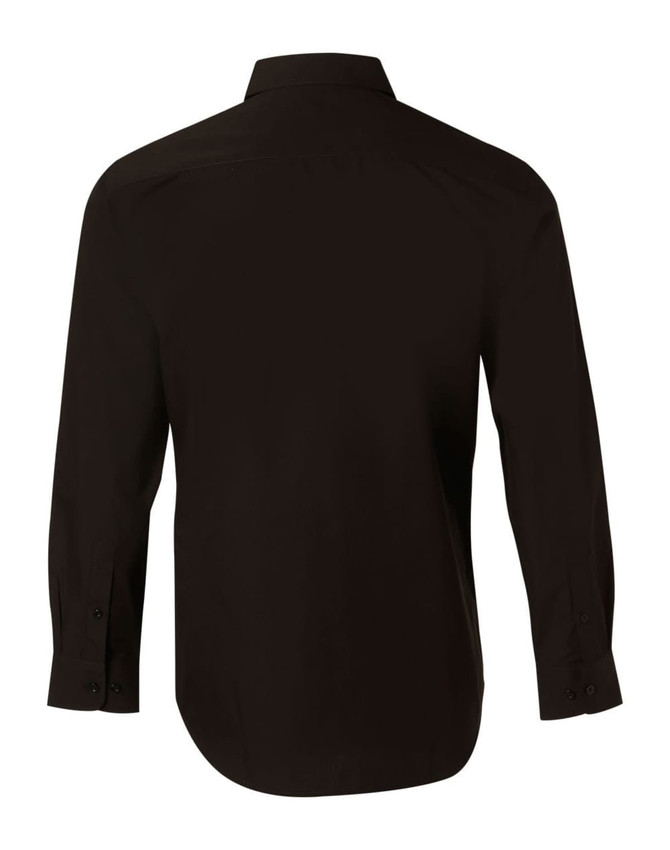 A black long sleeve button-up shirt featuring a sleek design and a logo on the back.