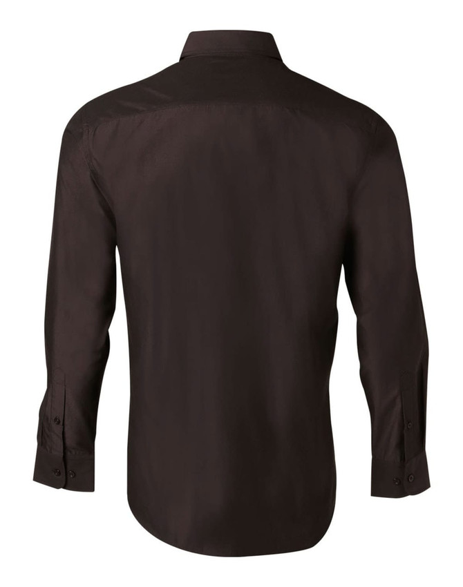 A dark brown men's long sleeve button-up shirt featuring a classic collar and buttoned cuffs.
