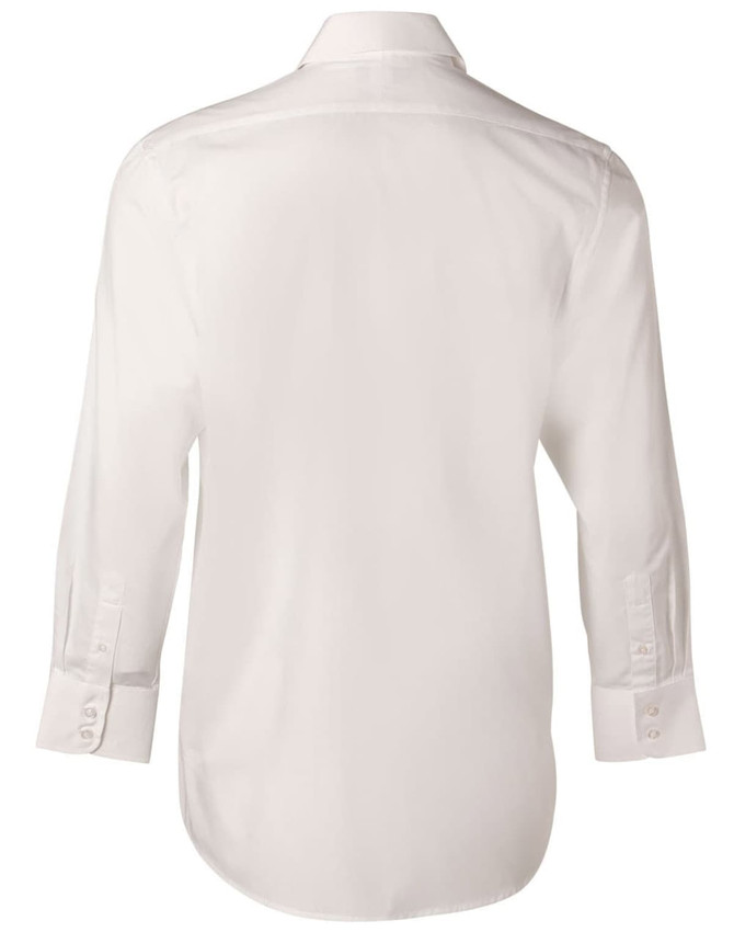 A white long sleeve button-up shirt with a classic collar and button cuffs, featuring a logo.