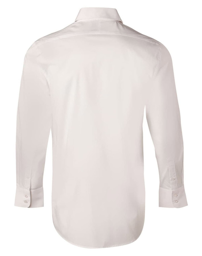 A men's long-sleeve button-up shirt in a light shade of beige, featuring a simple design and a brand logo.