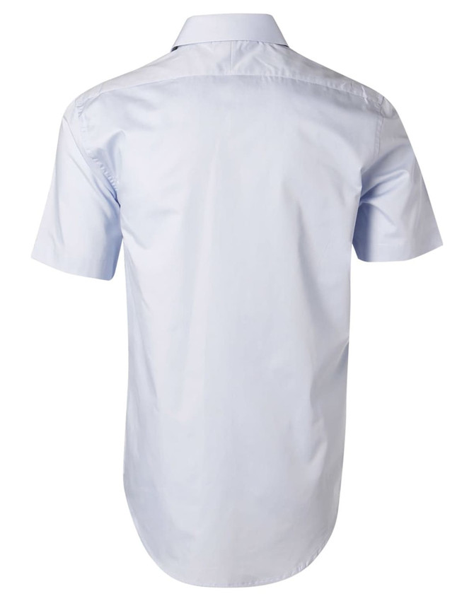 A light blue men's short-sleeve button-up shirt with a back yoke and a subtle logo.