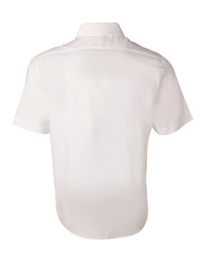 A white short-sleeved button-up shirt featuring a plain back design and a collar. Includes a logo.
