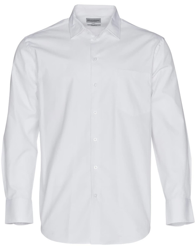 A white long-sleeve button-up shirt featuring a single chest pocket and a collar. It has a logo on the label.