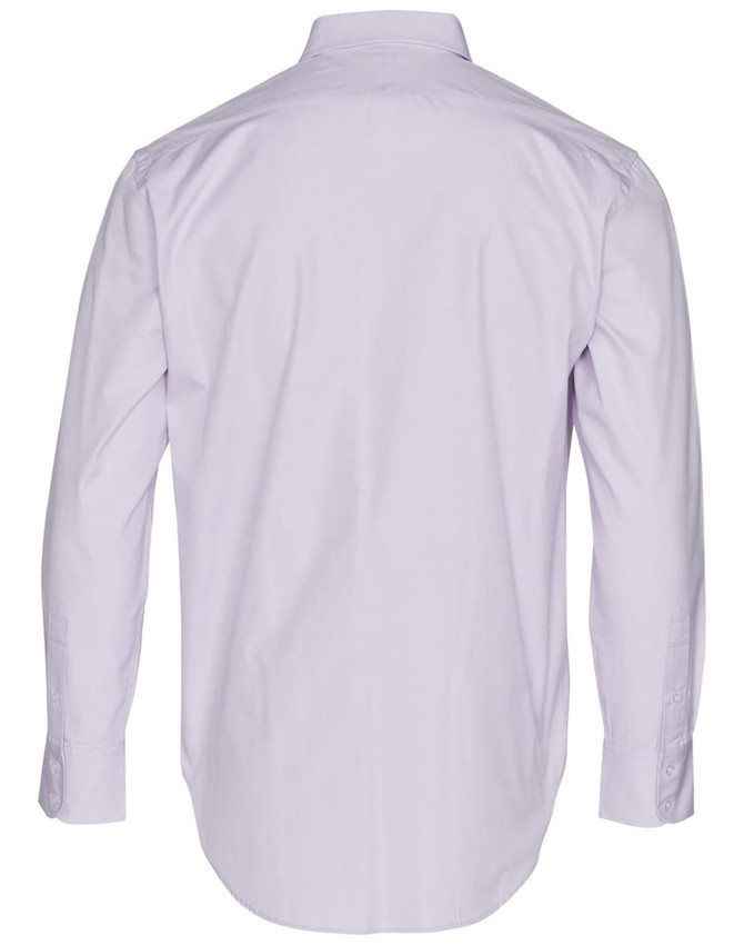 A light purple men's button-up Oxford shirt with long sleeves and a standard collar, featuring a logo on the back.