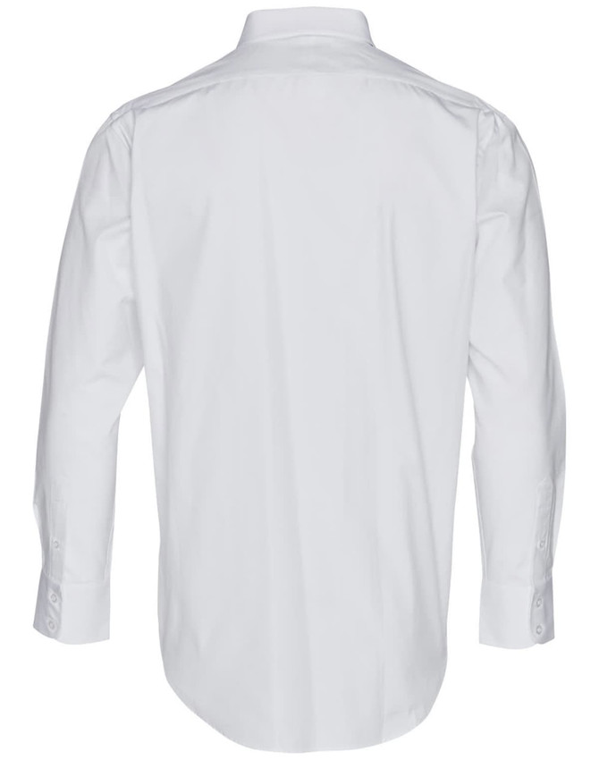 A white long-sleeved button-up shirt with a collar and cuffed sleeves, featuring a logo.