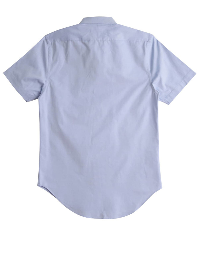 A light blue short sleeve button-up shirt with a smooth texture and a curved hem. Features a logo on the back.