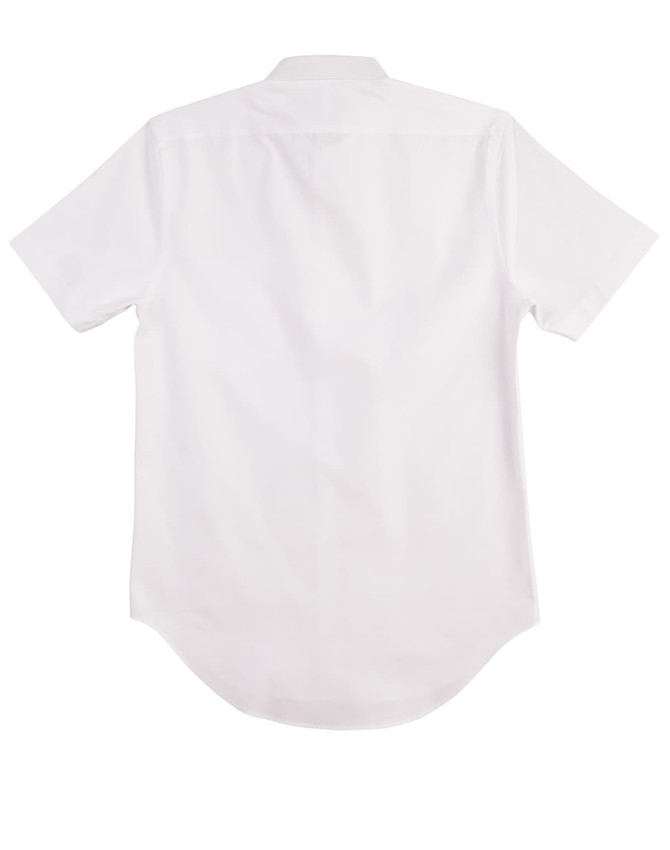 A white short sleeve button-up shirt with a back yoke and curved hem. It has a logo at the back.