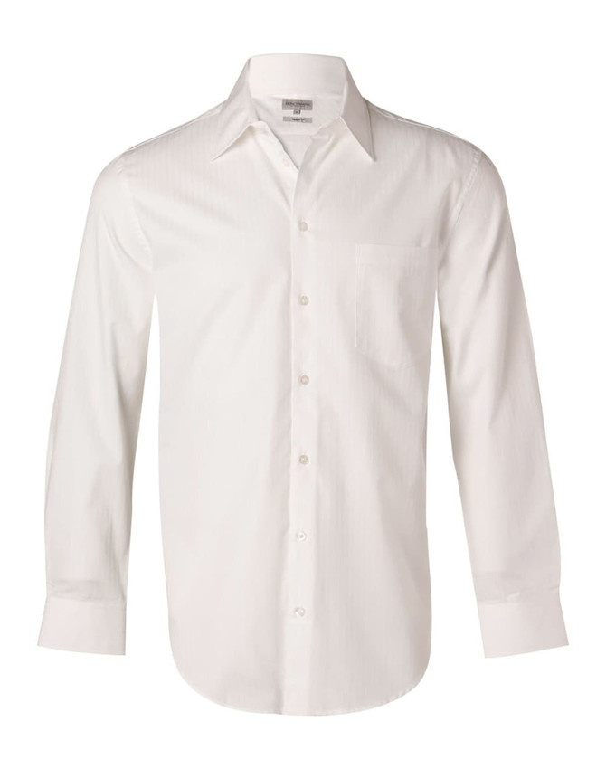 A white long-sleeve button-up shirt featuring a self-stripe pattern and a chest pocket, with a logo.