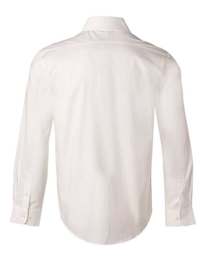 A white men's long-sleeve button-up shirt with a self-stripe design. Features a collar and button cuffs.