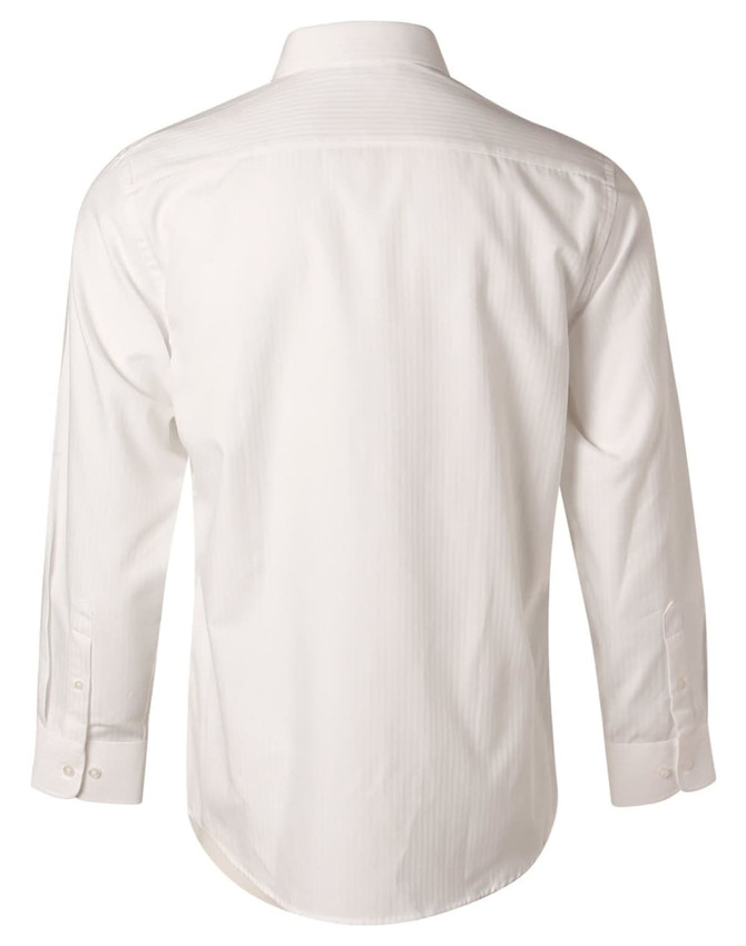 A white long sleeve button-up shirt featuring a mini herringbone pattern and a back yoke for structure.