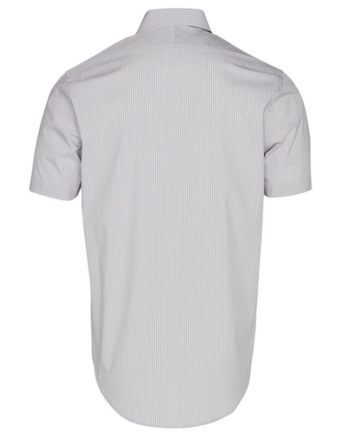 A men's short-sleeve button-up shirt in light grey with a subtle ticking stripe pattern and collar.
