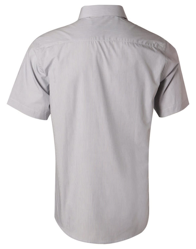 A grey short-sleeve button-up shirt with fine stripes and a logo on the back.