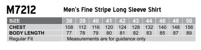 A table displaying sizes and measurements for the Men's Fine Stripe Long Sleeve Shirt, in a regular fit.