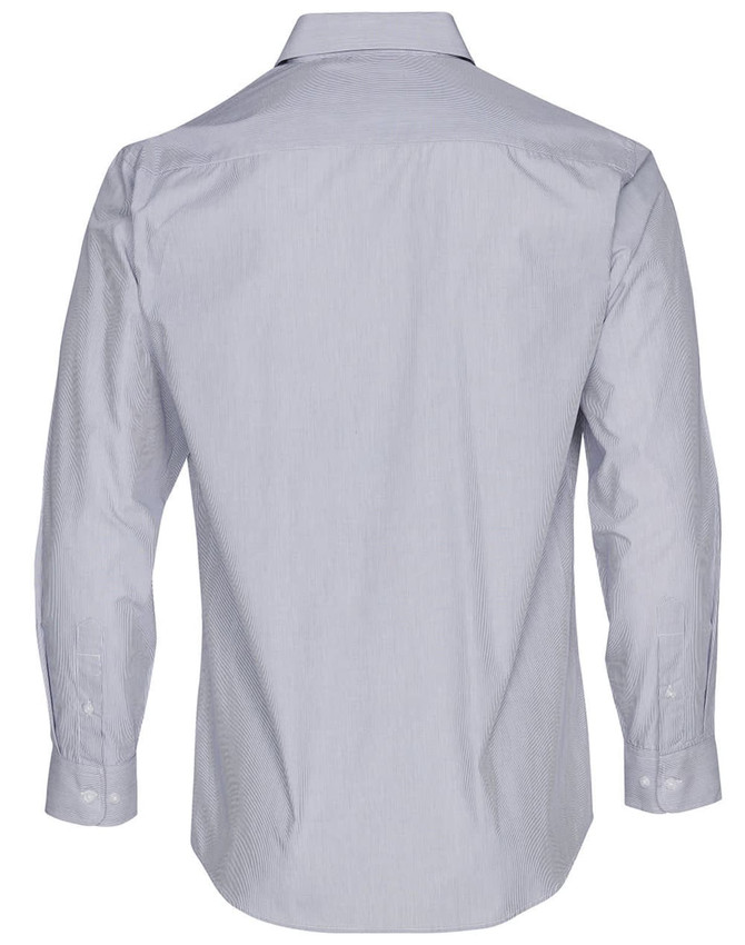 A grey and white striped long sleeve button-up shirt featuring a classic collar and a branding logo.