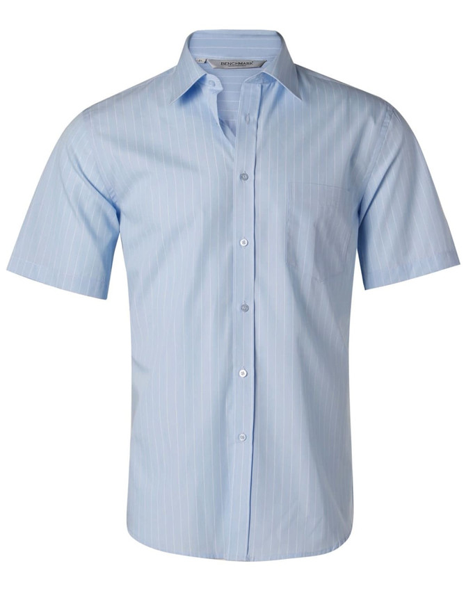 A light blue men's short sleeve button-up shirt with pin stripes and a chest pocket. It features a logo on the label.