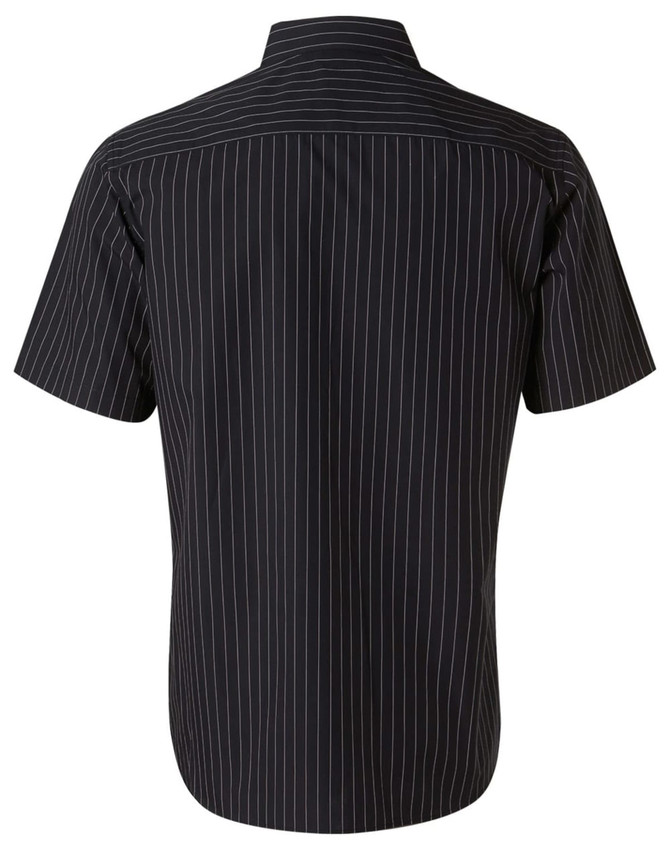A black pinstripe short sleeve shirt featuring a classic collar and a logo on the back.